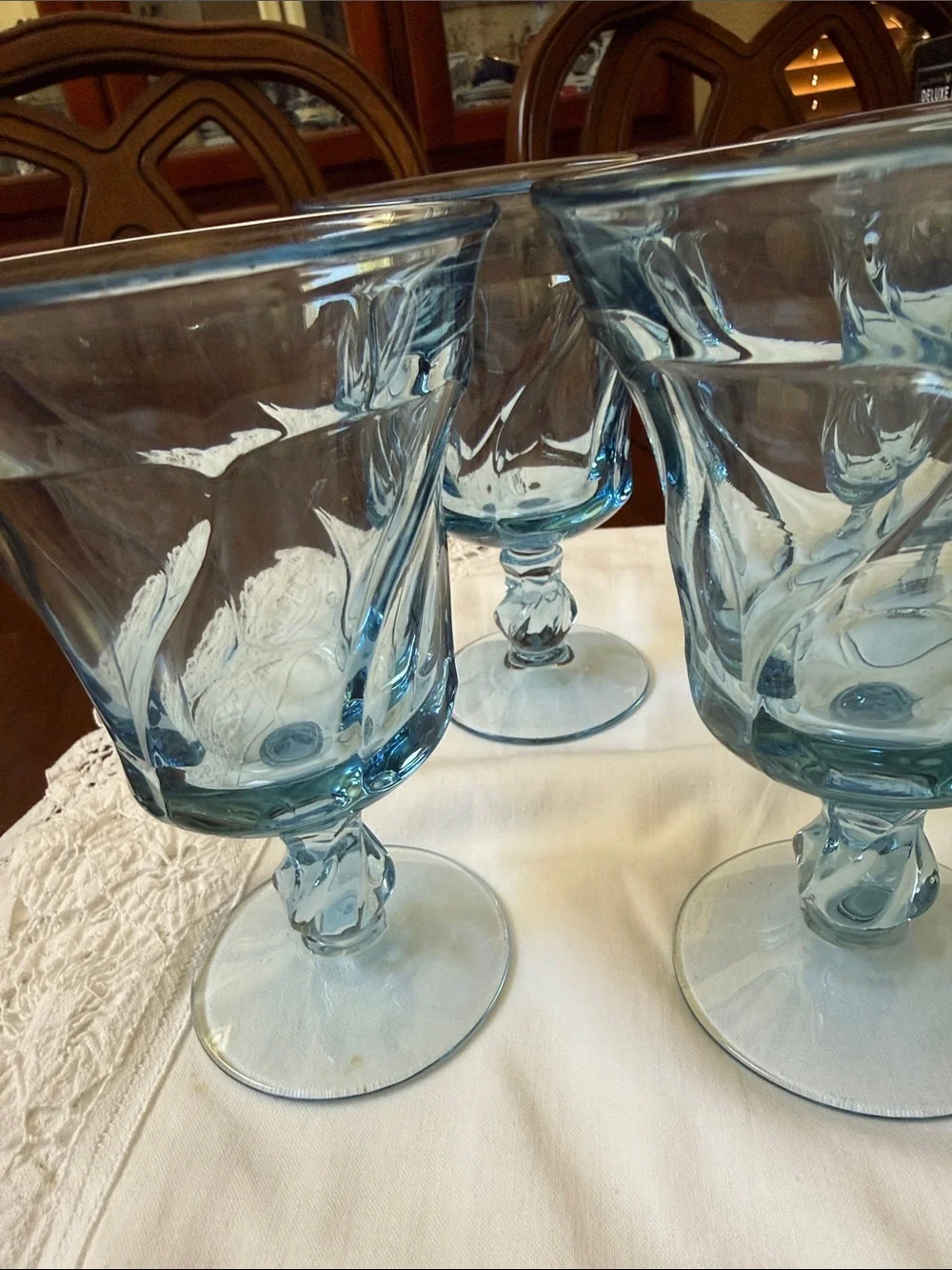 Vintage set of 4 Fostoria Jamestown Blue Stemmed soda sandae footed  Glass